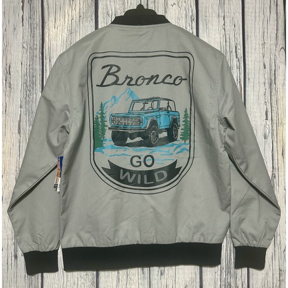 Ford Bronco Jacket Road Trip Mens Small Snap Close Bomber Gray Graphic Print NWT
